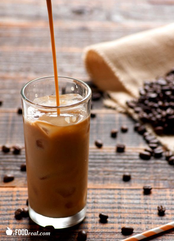 Healthy Iced Coffee Recipe made with no added sugar and dairy free with almond milk. Only 27 calories. Much cheaper and healthier than Starbucks.  ifoodreal.com